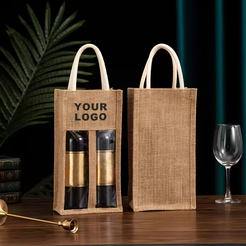 Jute Wine Bottle Gift Bag With Windowed