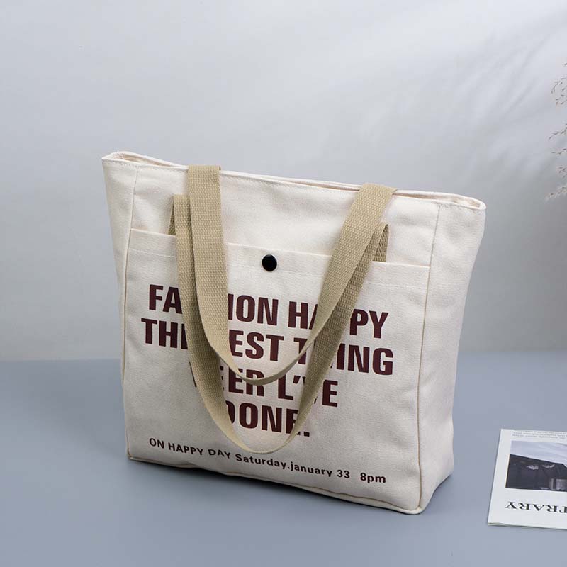 Zip-Top Canvas Tote Bag with Snap Front Pocket