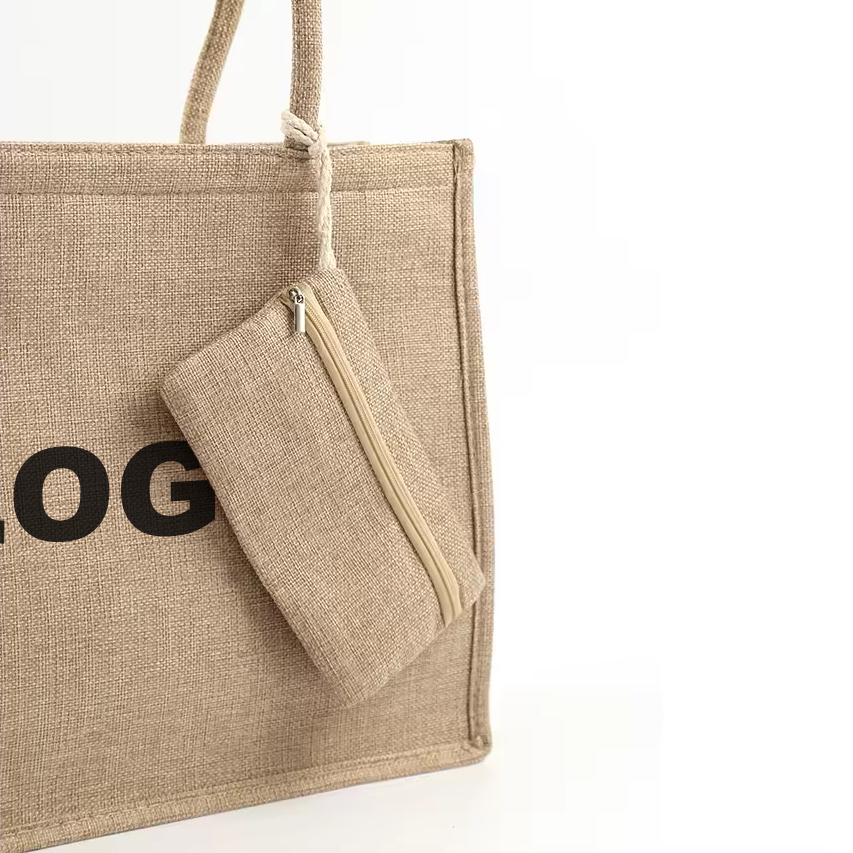 Custom Burlap Tote Bag with Zipper and Matching Pouch