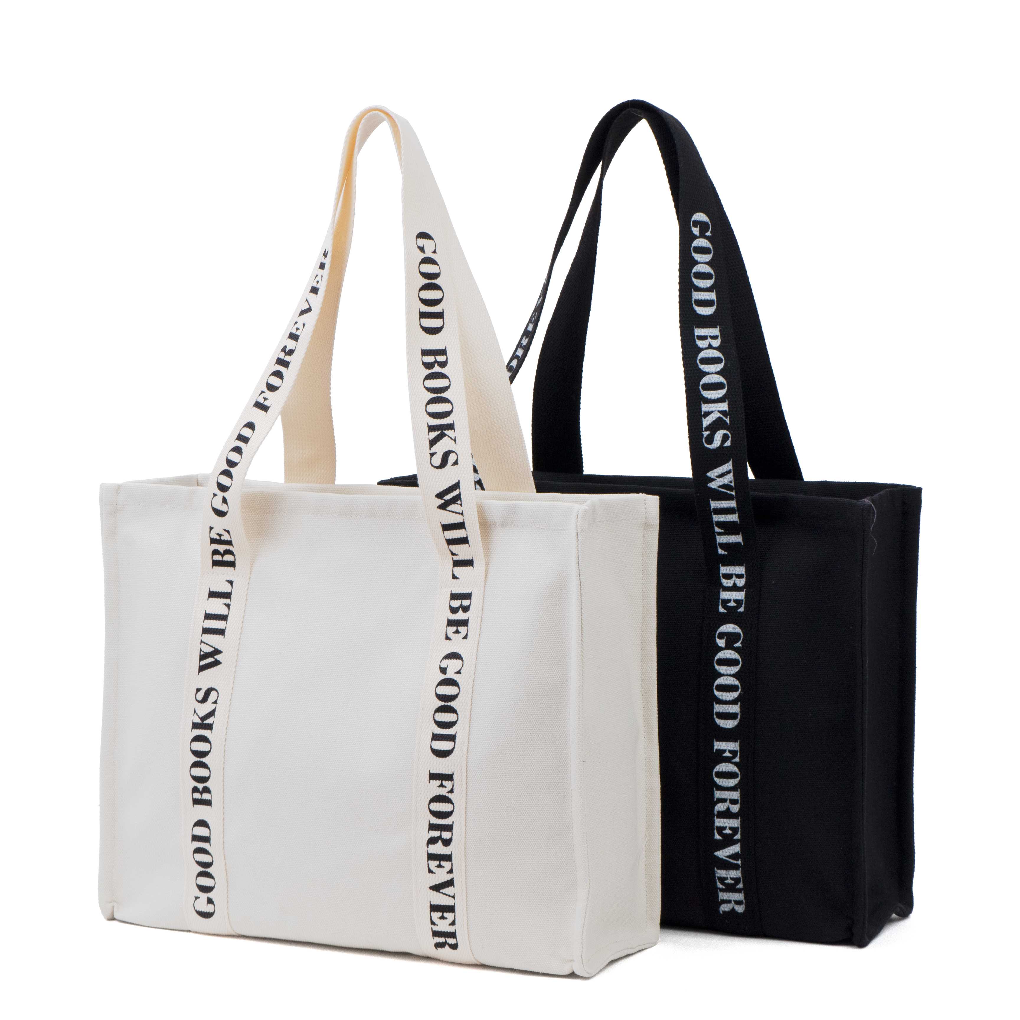 Zippered Canvas Tote Bag with Printed Shoulder Handles