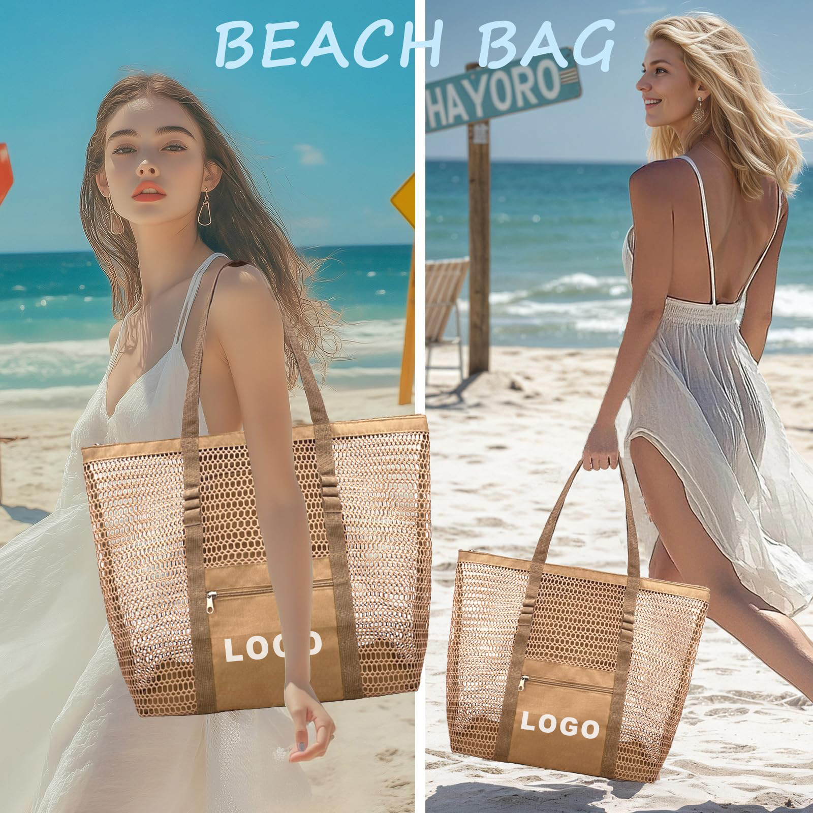Custom Mesh Tote Bag with Zipper Pocket