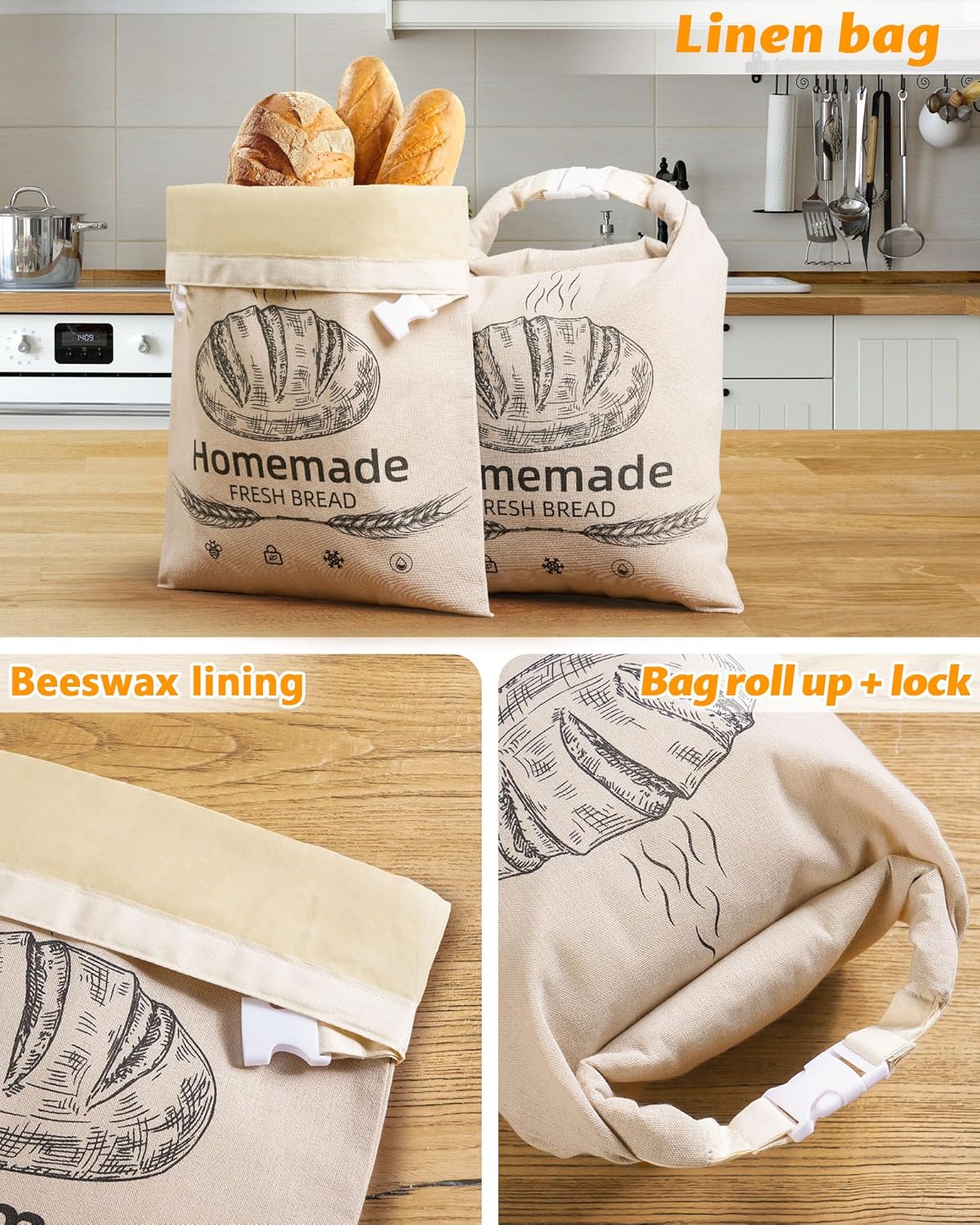 Beeswax-Lined Linen Bread Bag with Roll-Top Buckle