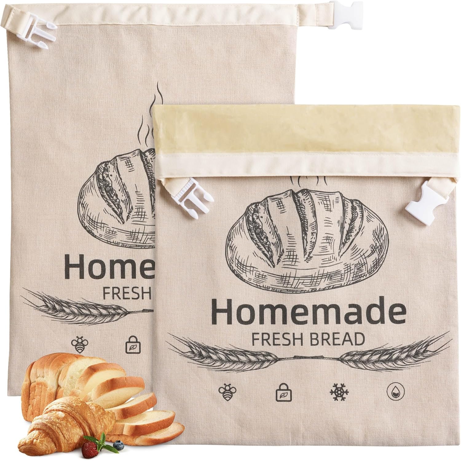 Beeswax-Lined Linen Bread Bag with Roll-Top Buckle