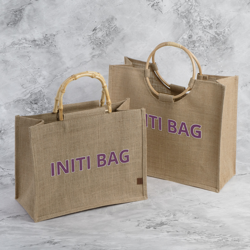 Custom Jute Tote Bag with Round Wooden Handles