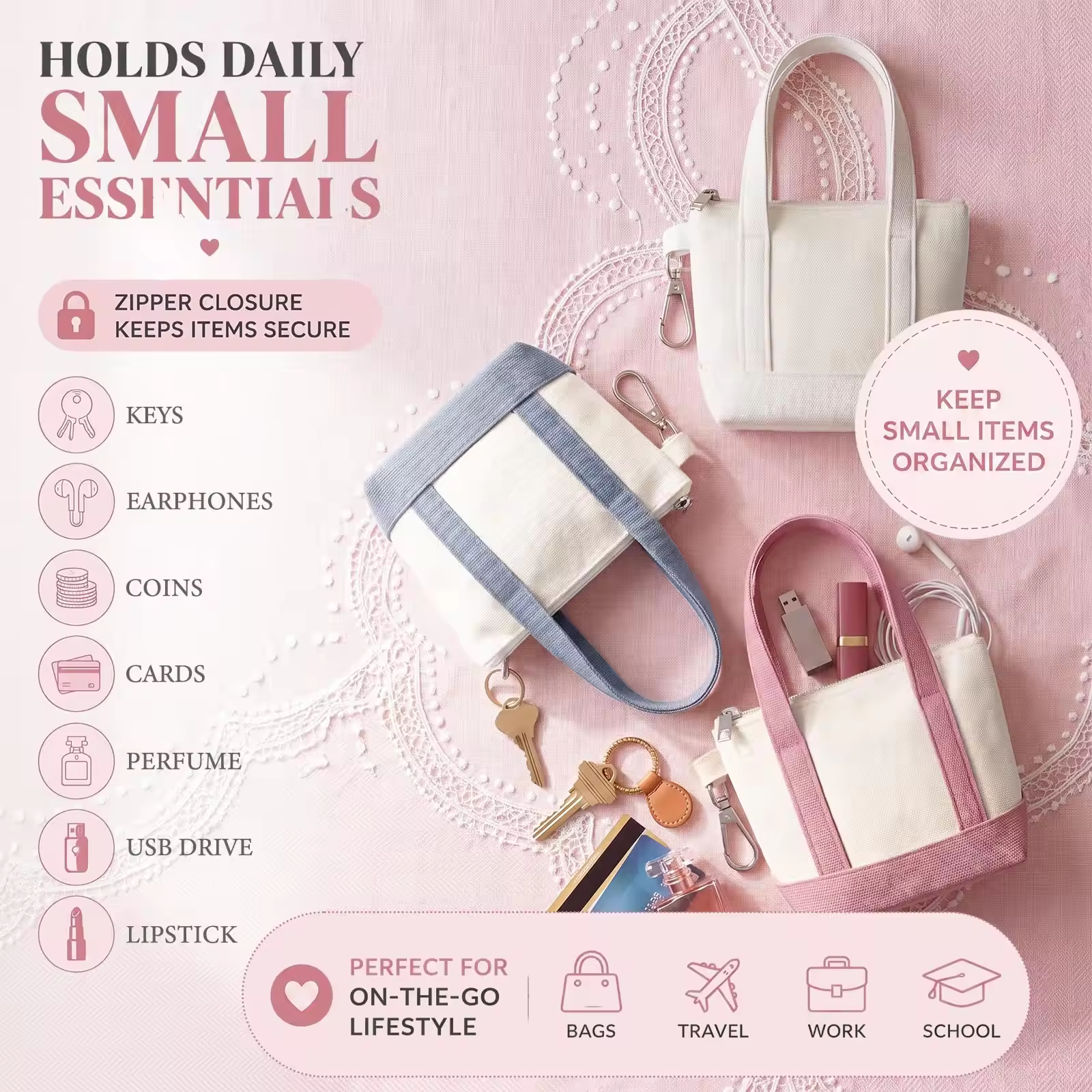 Custom Mini Canvas Tote Bag Keychain 