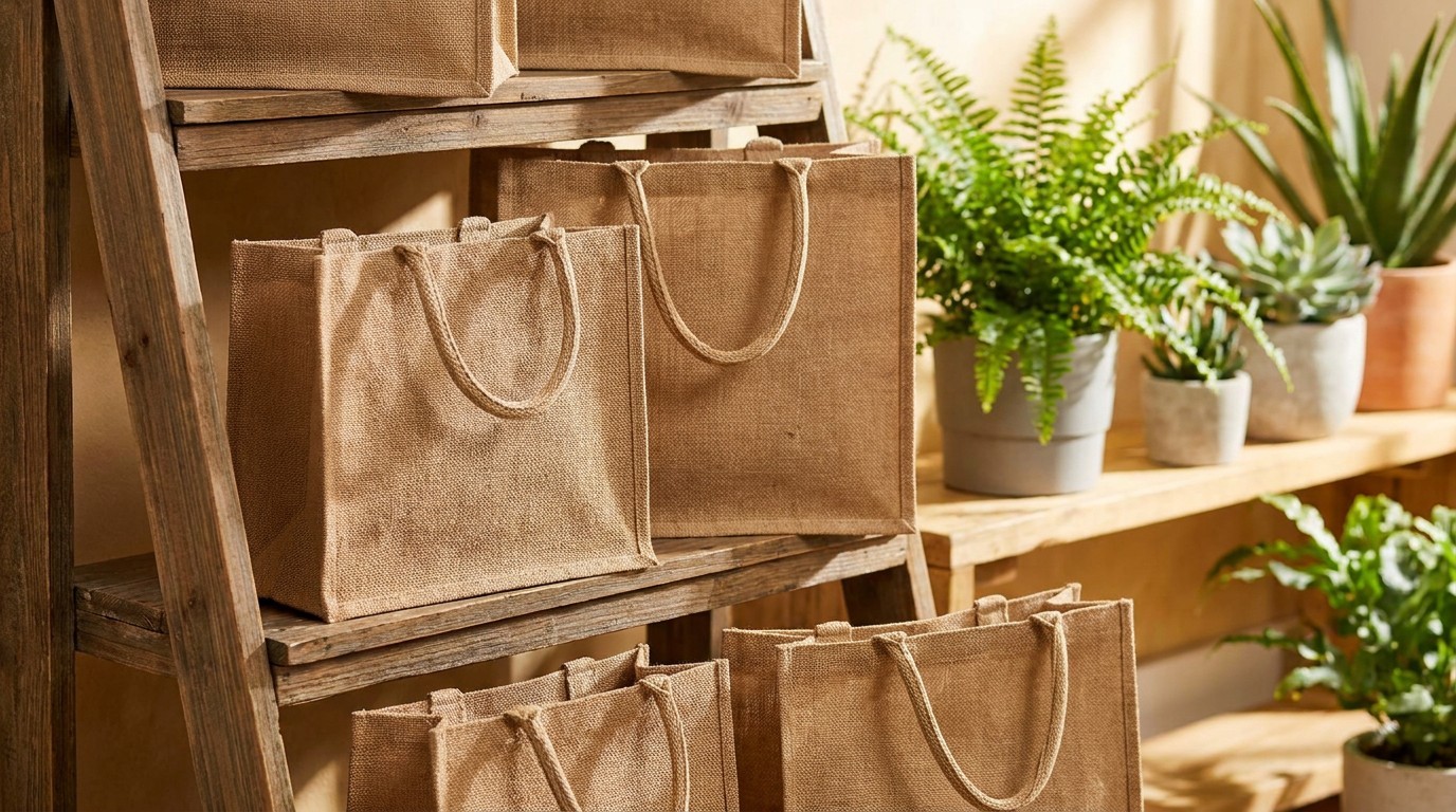 Natural jute fiber tote bags — a sustainable sourcing choice with strong visual appeal for retail, gifting, and agricultural branding.