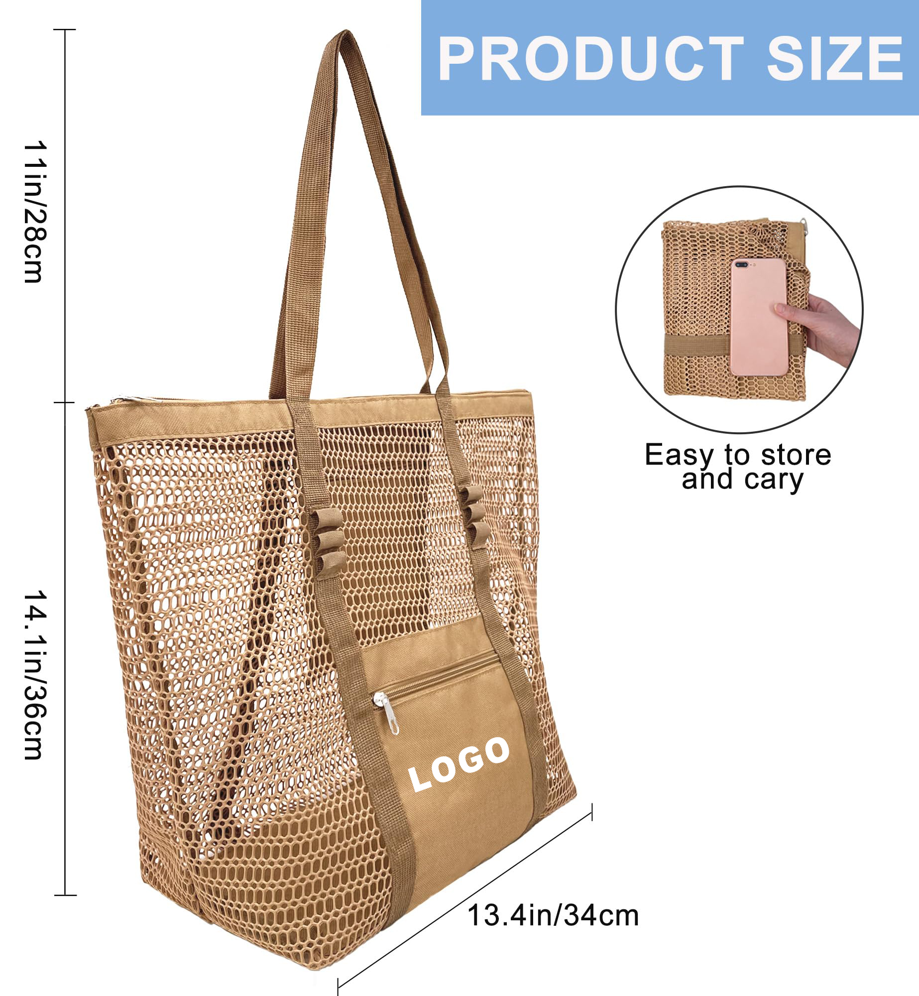 Custom Mesh Tote Bag with Zipper Pocket