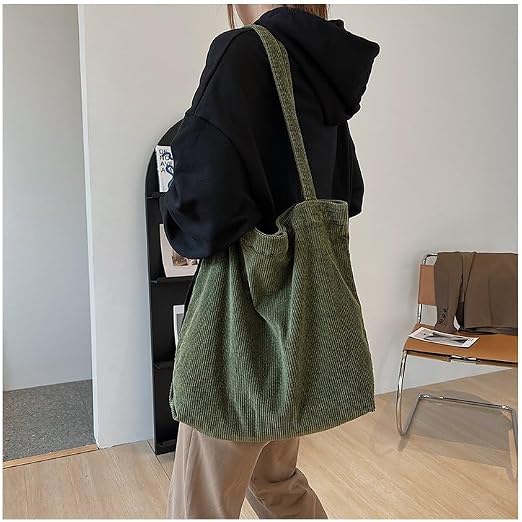 Corduroy Shoulder Tote Bag with Inner Pockets