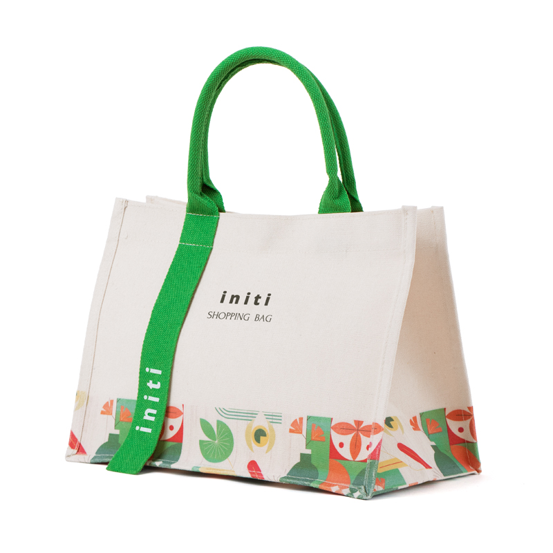 Wide-Gusset Canvas Tote Bag with Printed Bottom Panel