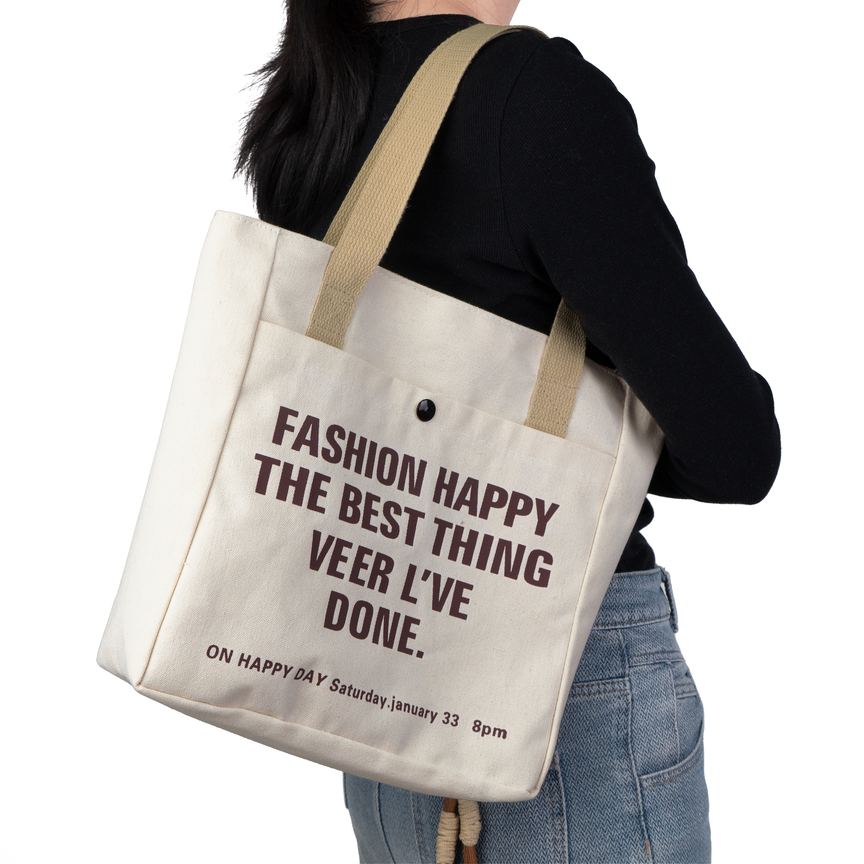 Zip-Top Canvas Tote Bag with Snap Front Pocket