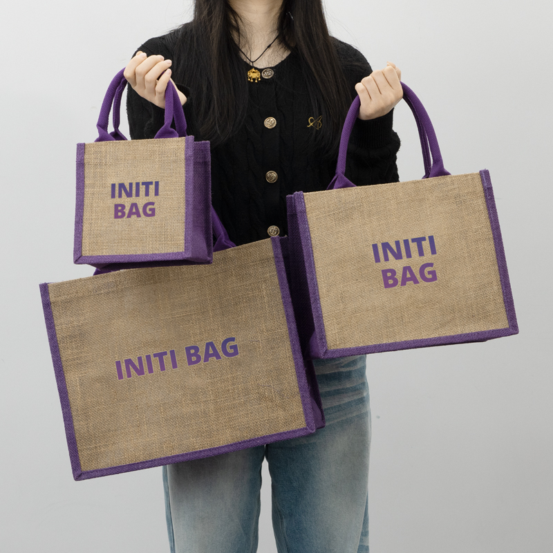 Jute Tote Bag with Contrast Side Panels and Soft Handles