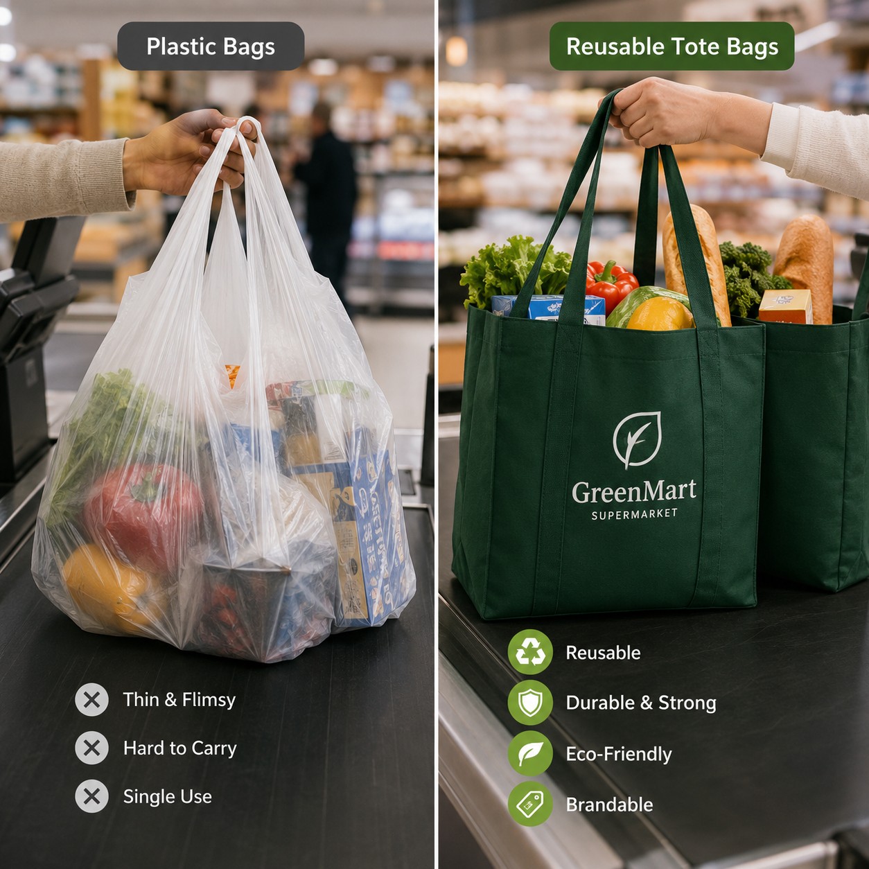 Reusable tote bags used in supermarket checkout as an alternative to plastic bags.