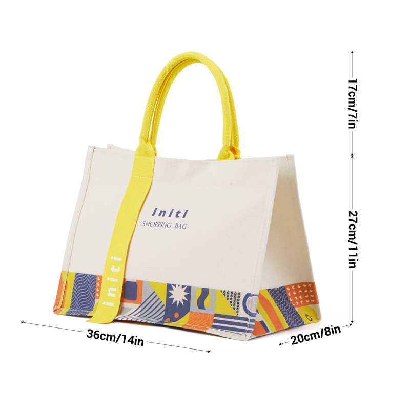 Wide-Gusset Canvas Tote Bag with Printed Bottom Panel