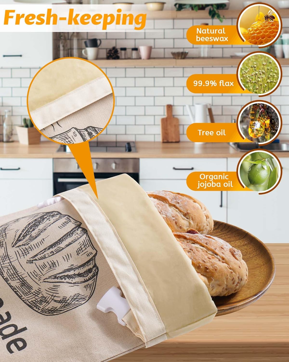 Beeswax-Lined Linen Bread Bag with Roll-Top Buckle