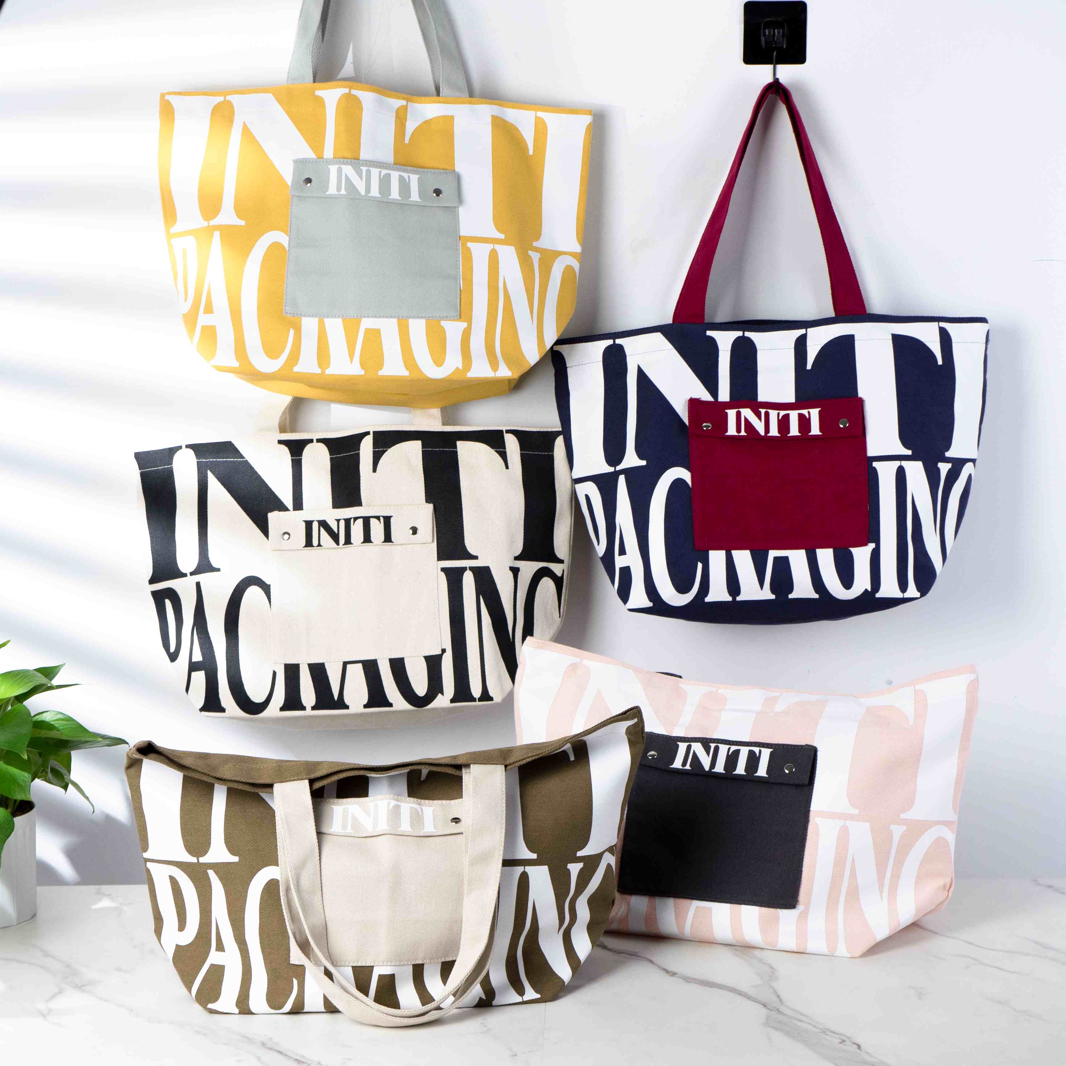 Custom Printed Cotton Canvas Tote Bag with Snap-Closure Front Pocket