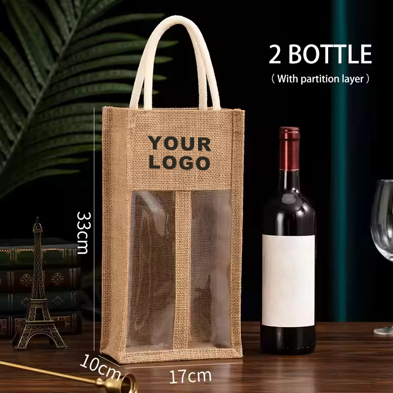 Jute Wine Bottle Gift Bag With Windowed