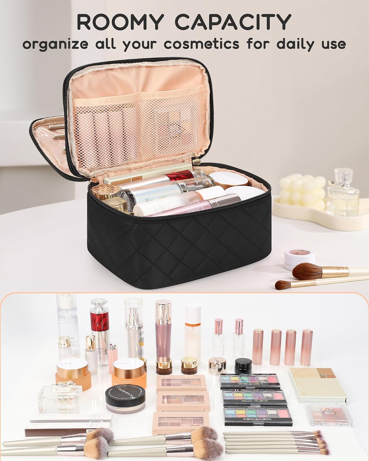 Double-Layer Makeup Bag with Brush Compartment
