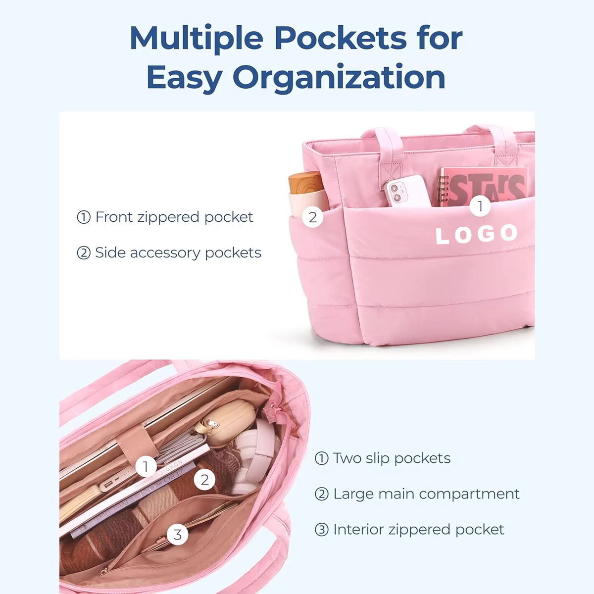 Padded Quilted Tote Bag with Laptop Compartment