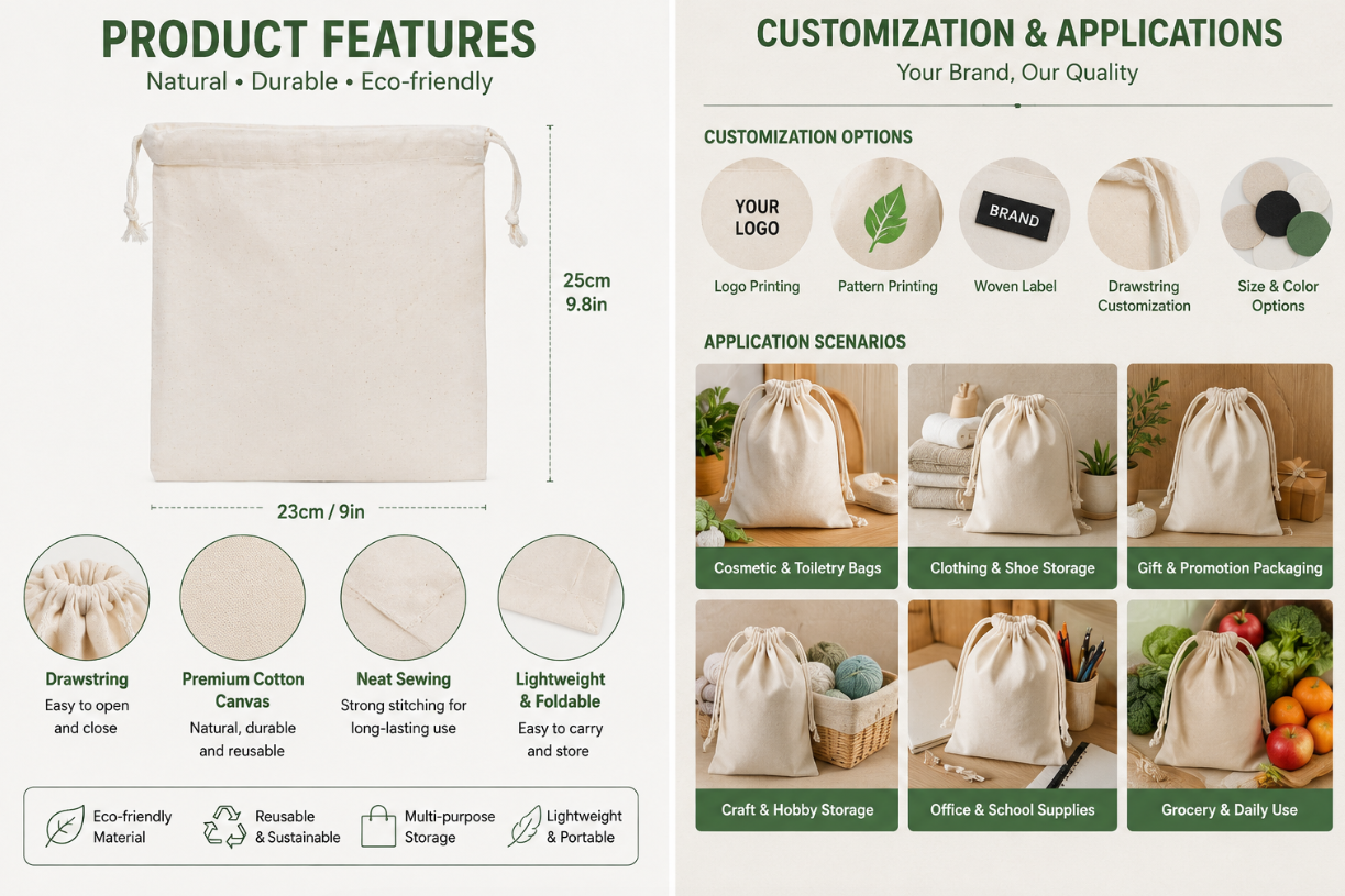 Custom 100% Cotton Drawstring Bags for Gift Packaging and Promotional Projects