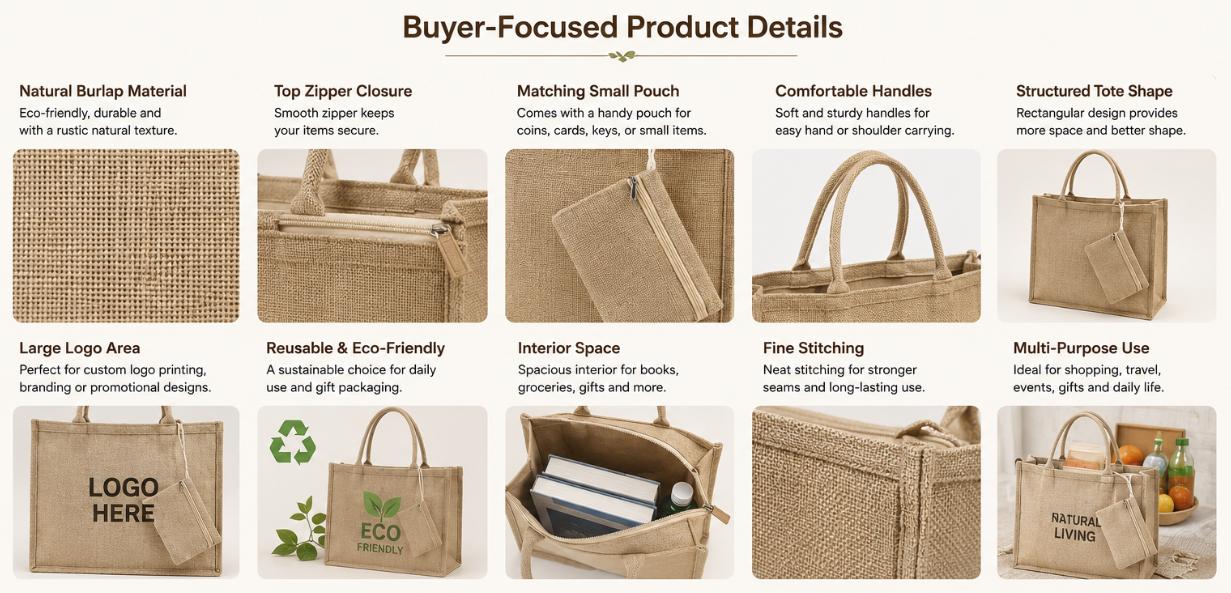 Custom Burlap Tote Bag with Zipper and Matching Pouch for Eco Retail Packaging