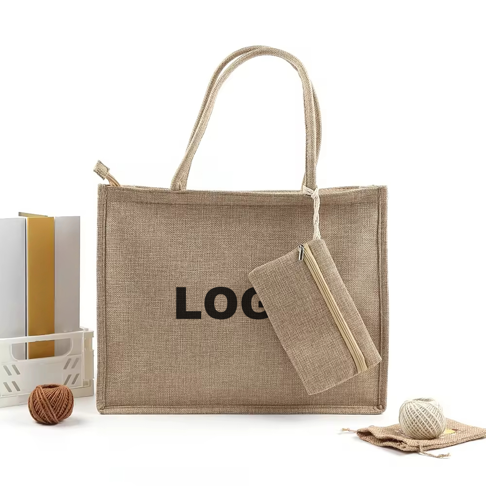 Custom Burlap Tote Bag with Zipper and Matching Pouch