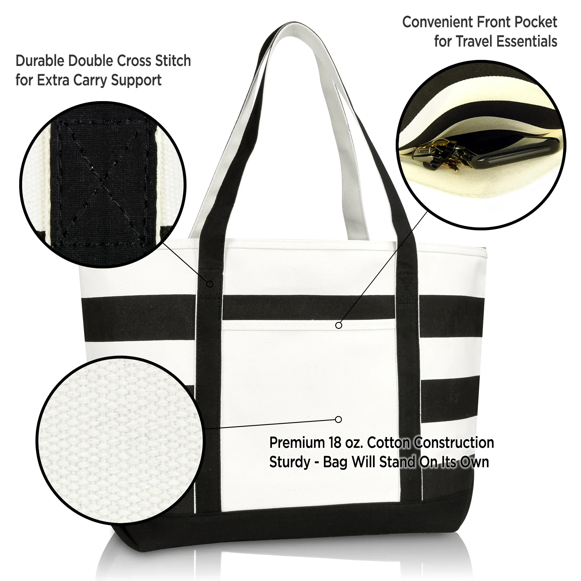 Striped Zipper Cotton Canvas Tote Bag