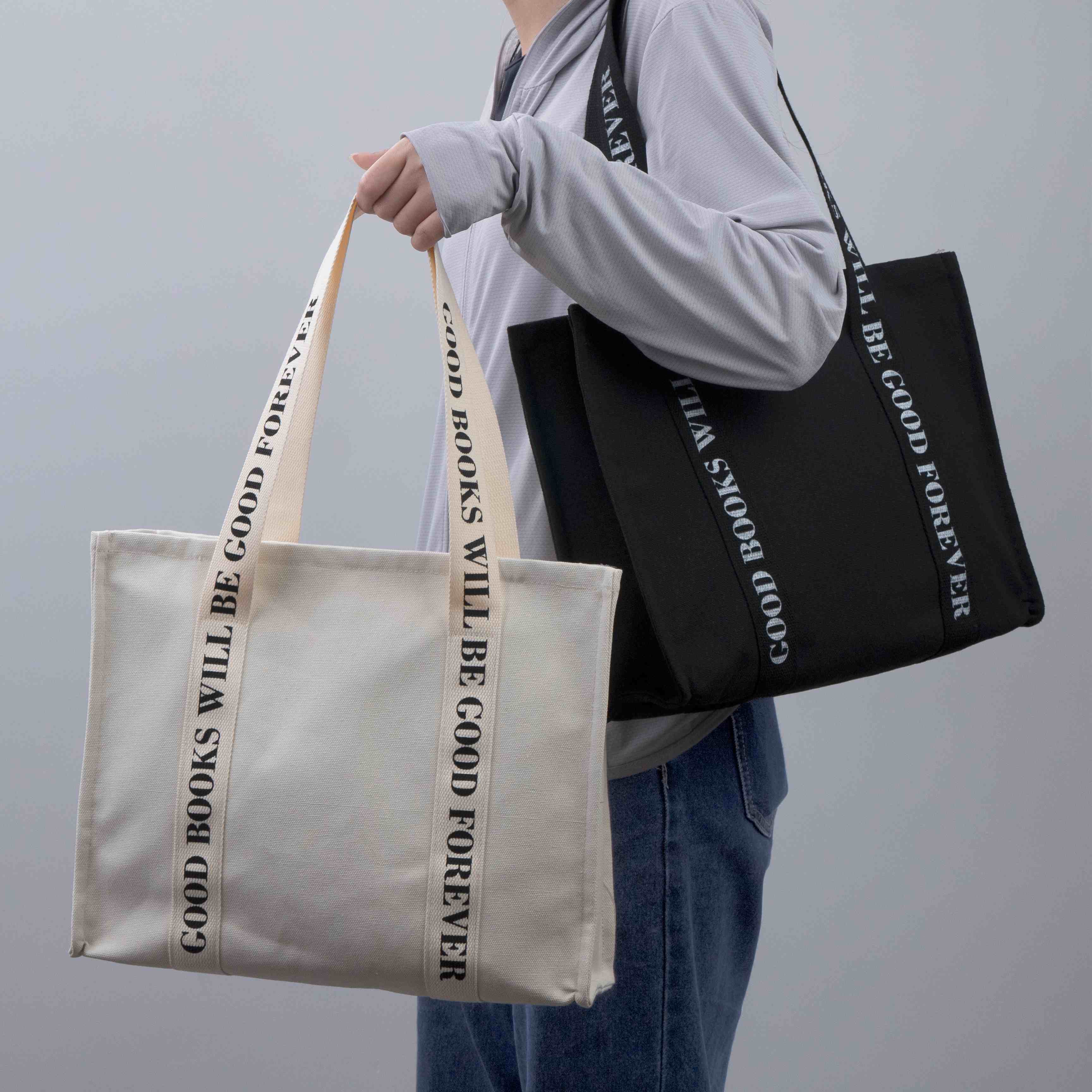 Zippered Canvas Tote Bag with Printed Shoulder Handles