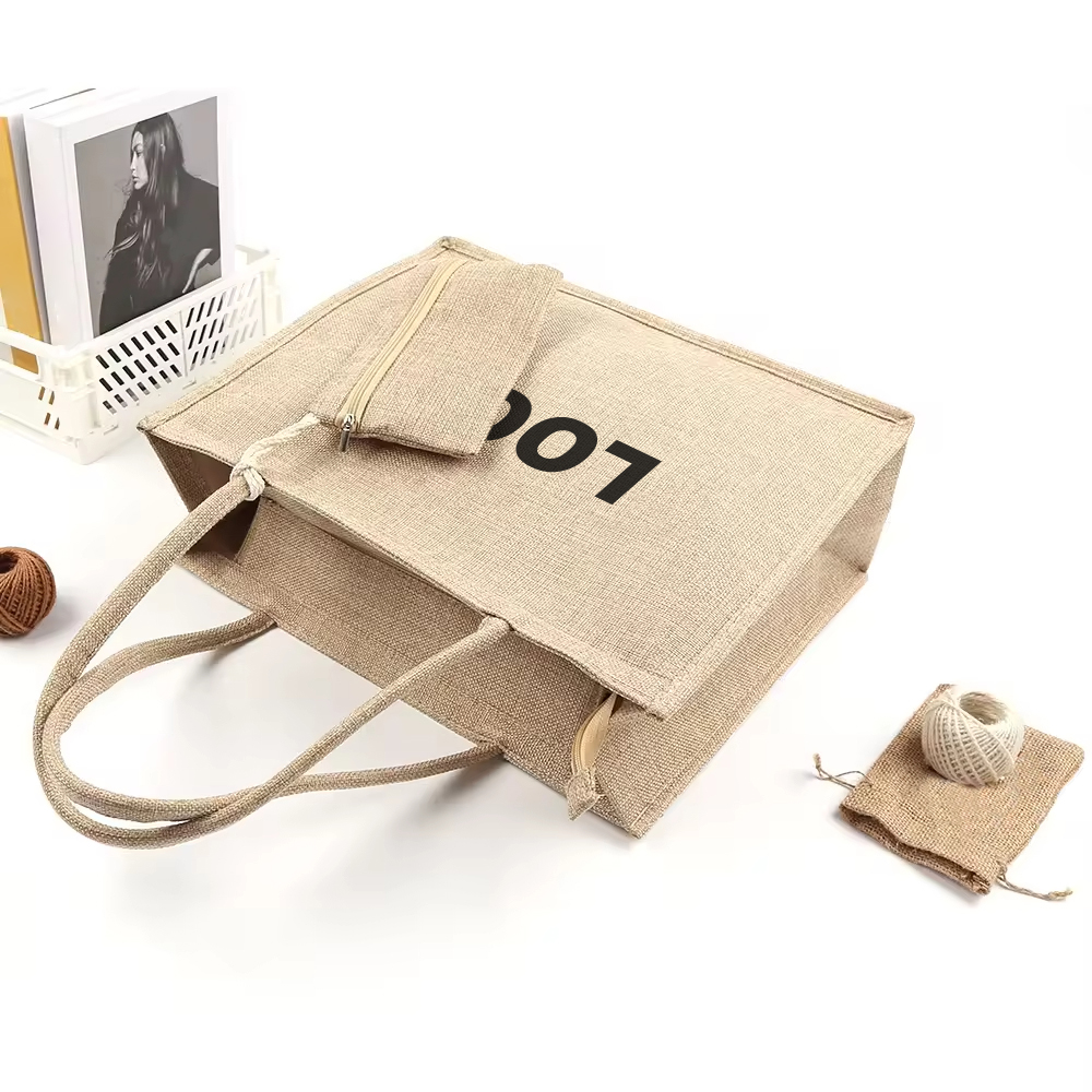 Custom Burlap Tote Bag with Zipper and Matching Pouch