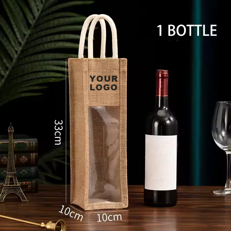 Jute Wine Bottle Gift Bag With Windowed