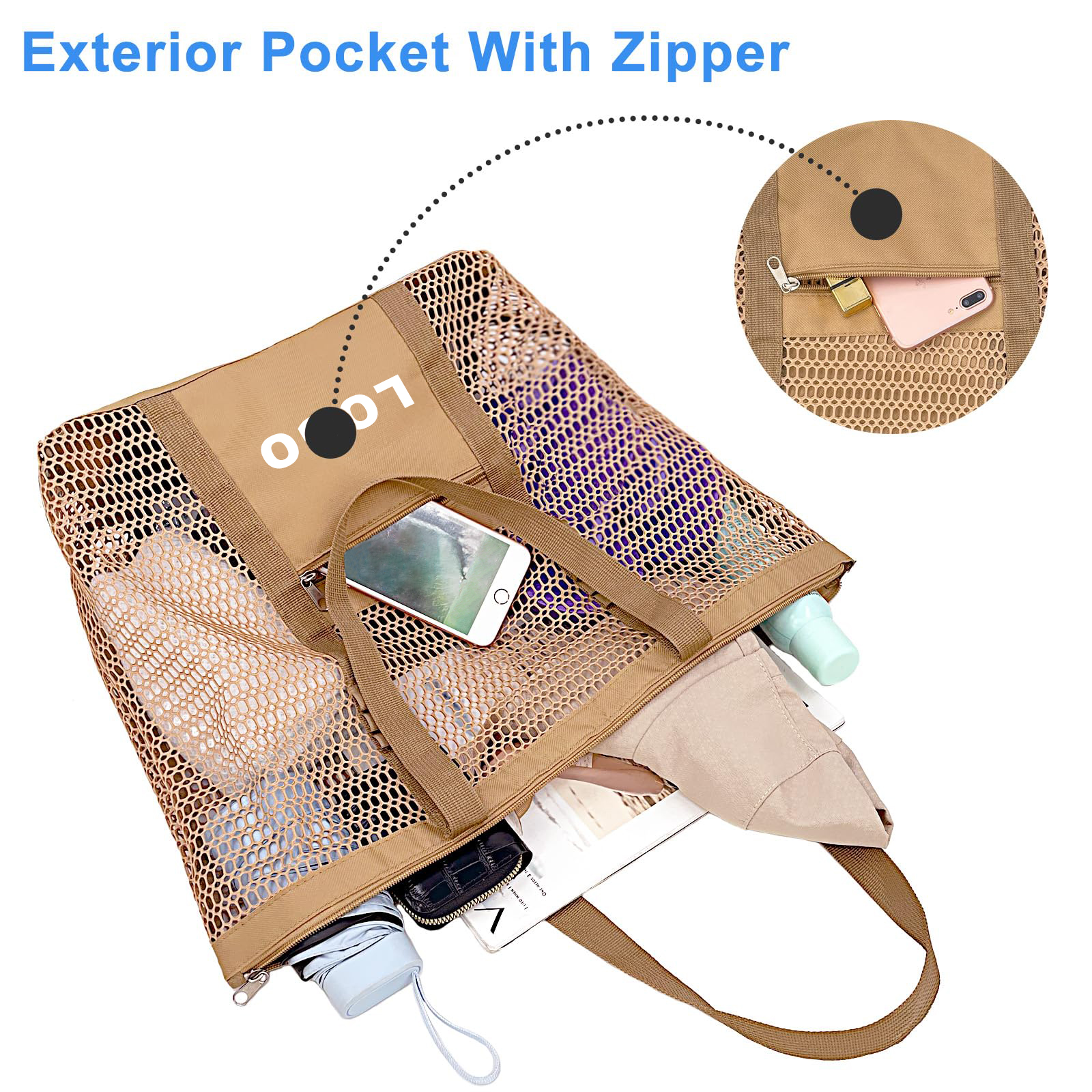 Custom Mesh Tote Bag with Zipper Pocket