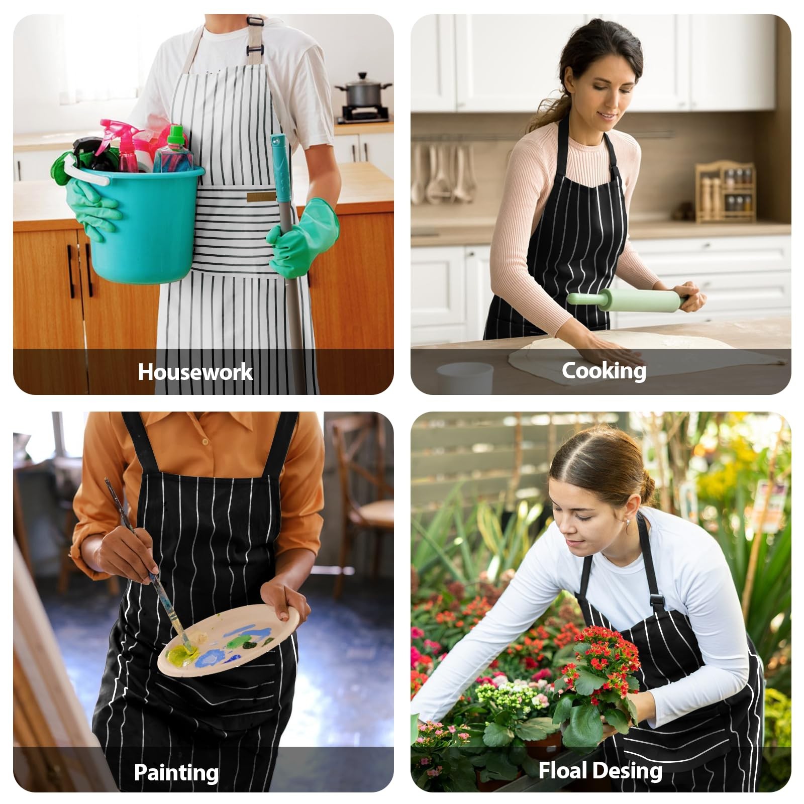 Striped Cotton-Blend Chef Apron with Divided Front Pocket