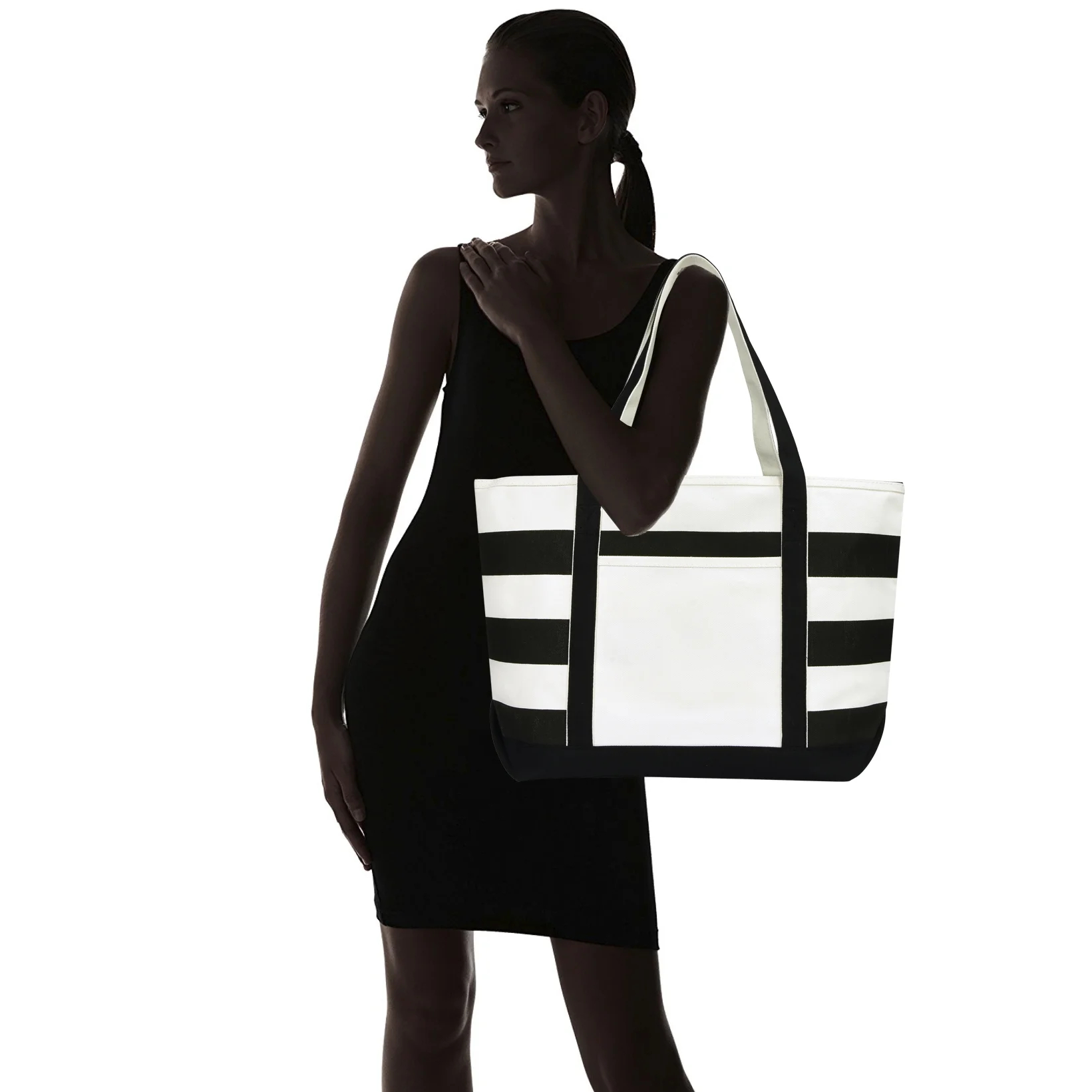 Striped Zipper Cotton Canvas Tote Bag
