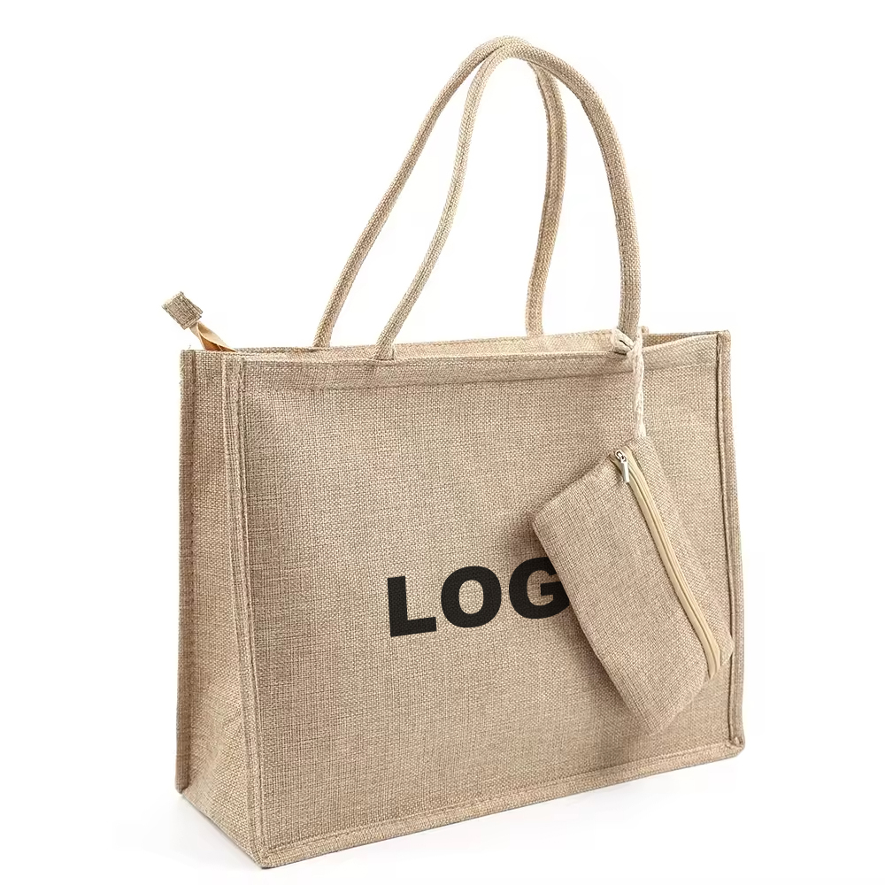 Custom Burlap Tote Bag with Zipper and Matching Pouch