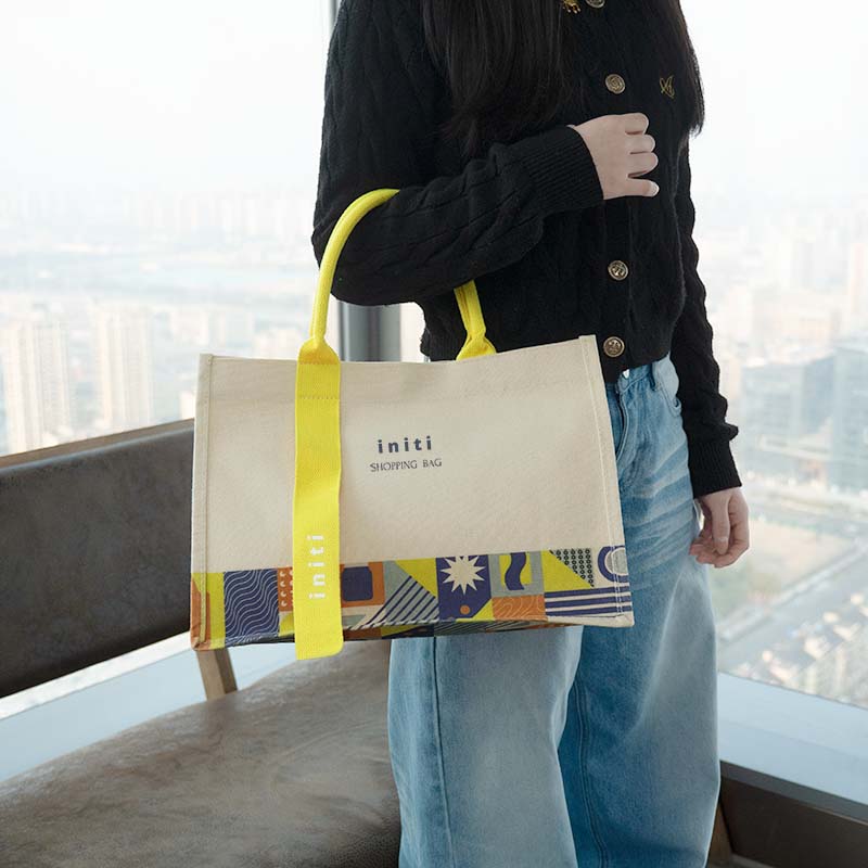 Wide-Gusset Canvas Tote Bag with Printed Bottom Panel