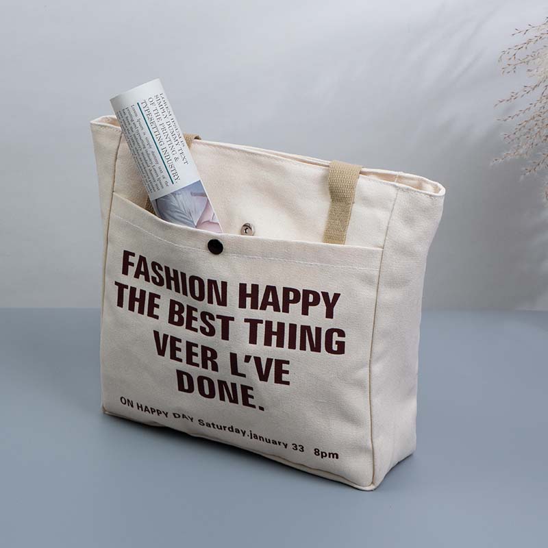 Zip-Top Canvas Tote Bag with Snap Front Pocket