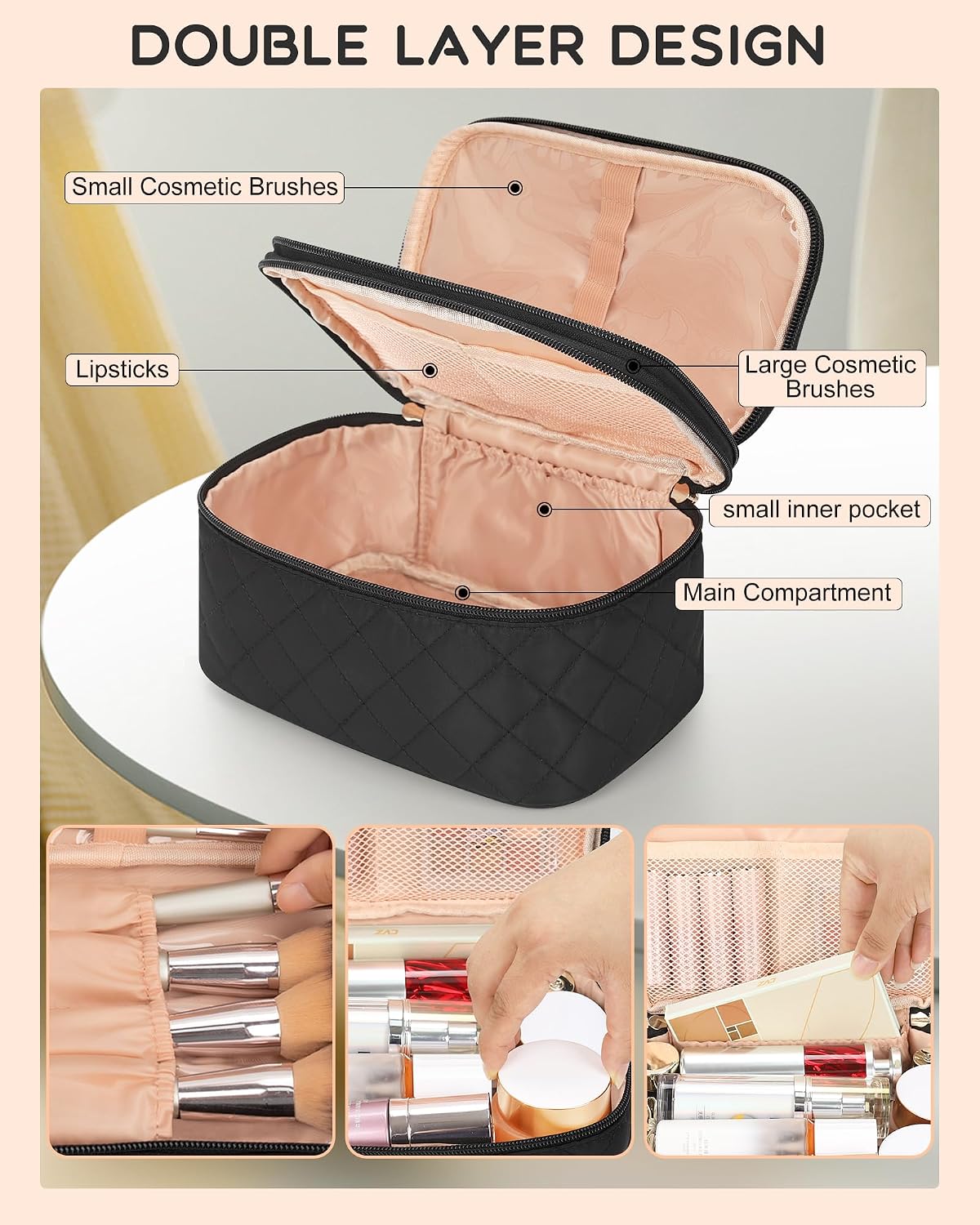 Double-Layer Makeup Bag with Brush Compartment