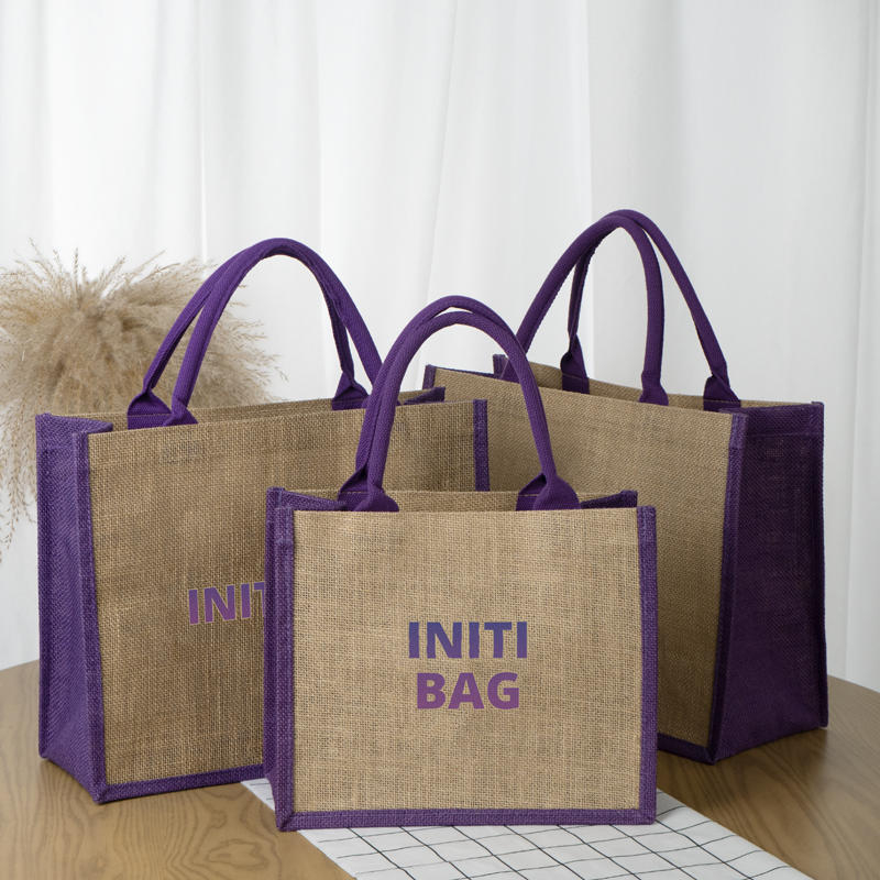 Jute Tote Bag with Contrast Side Panels and Soft Handles