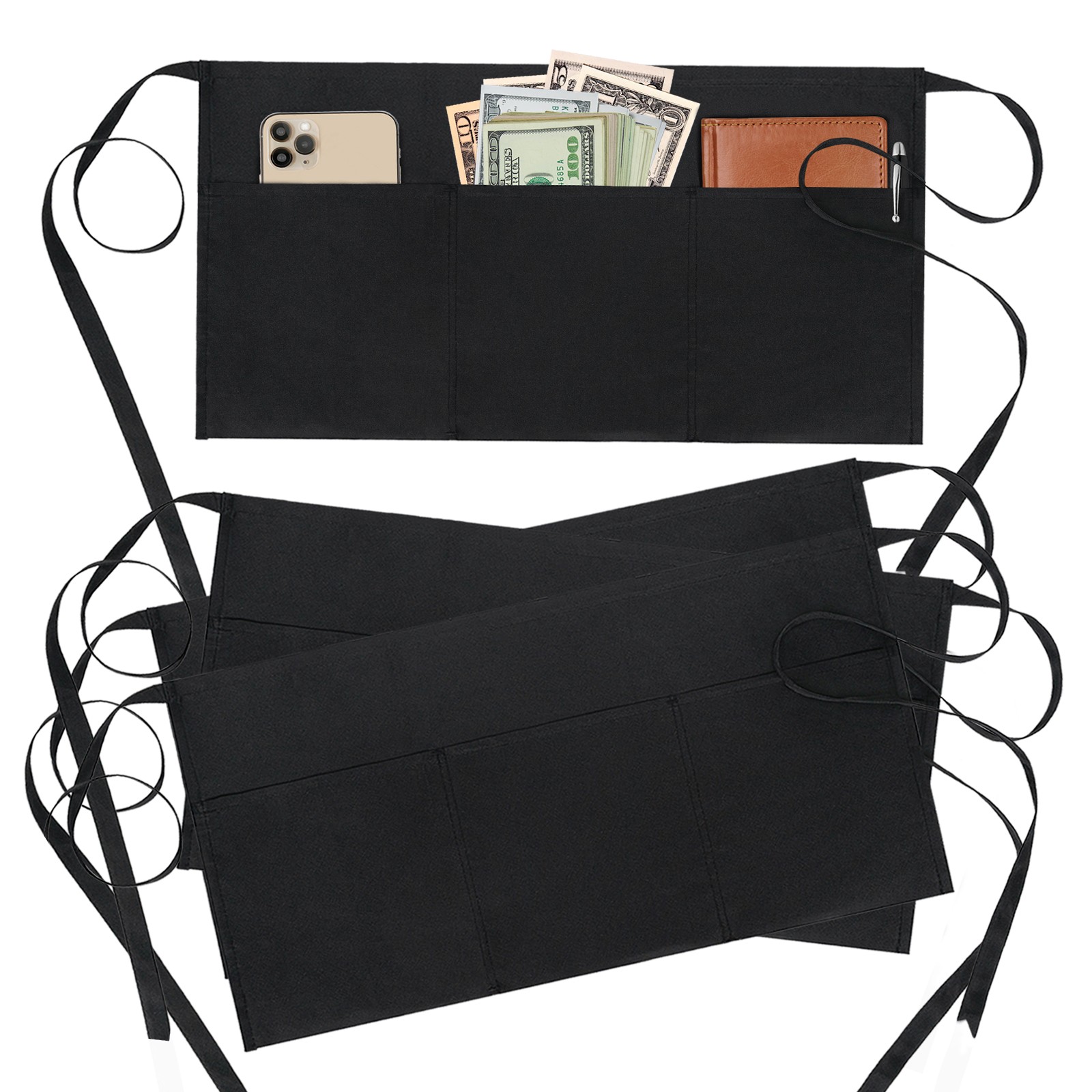 3-Pocket Polyester Server Waist Apron with Long Tie Straps