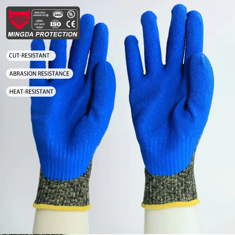 Factory Wholesale Industrial Work Protective Polyester Glassfiber Steel Wire Aramid Latex Gloves 55g with Anti-Cut Function