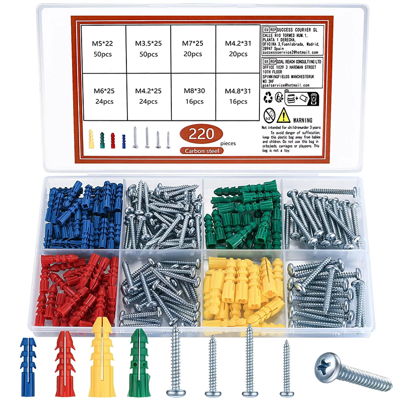 High Quality 220pcs Self Tapping Screw Assorted Sizes Nylon Wall Plug Plastic Anchor and Pan Head Steel Material Inch System
