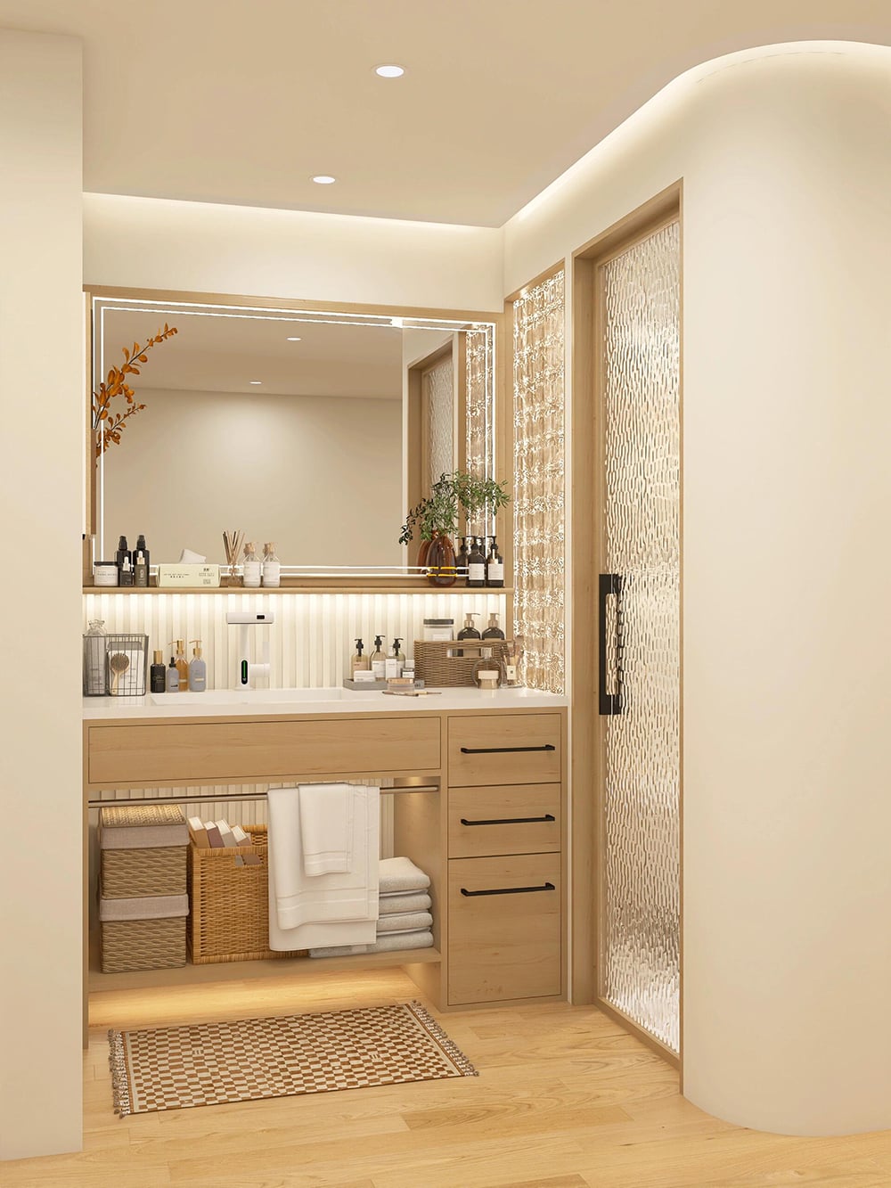 Mobile bagno moderno con design a separazione umido-secco, armadietti in tonalità legno, specchio illuminato a LED e ampio spazio di stoccaggio per un bagno ordinato