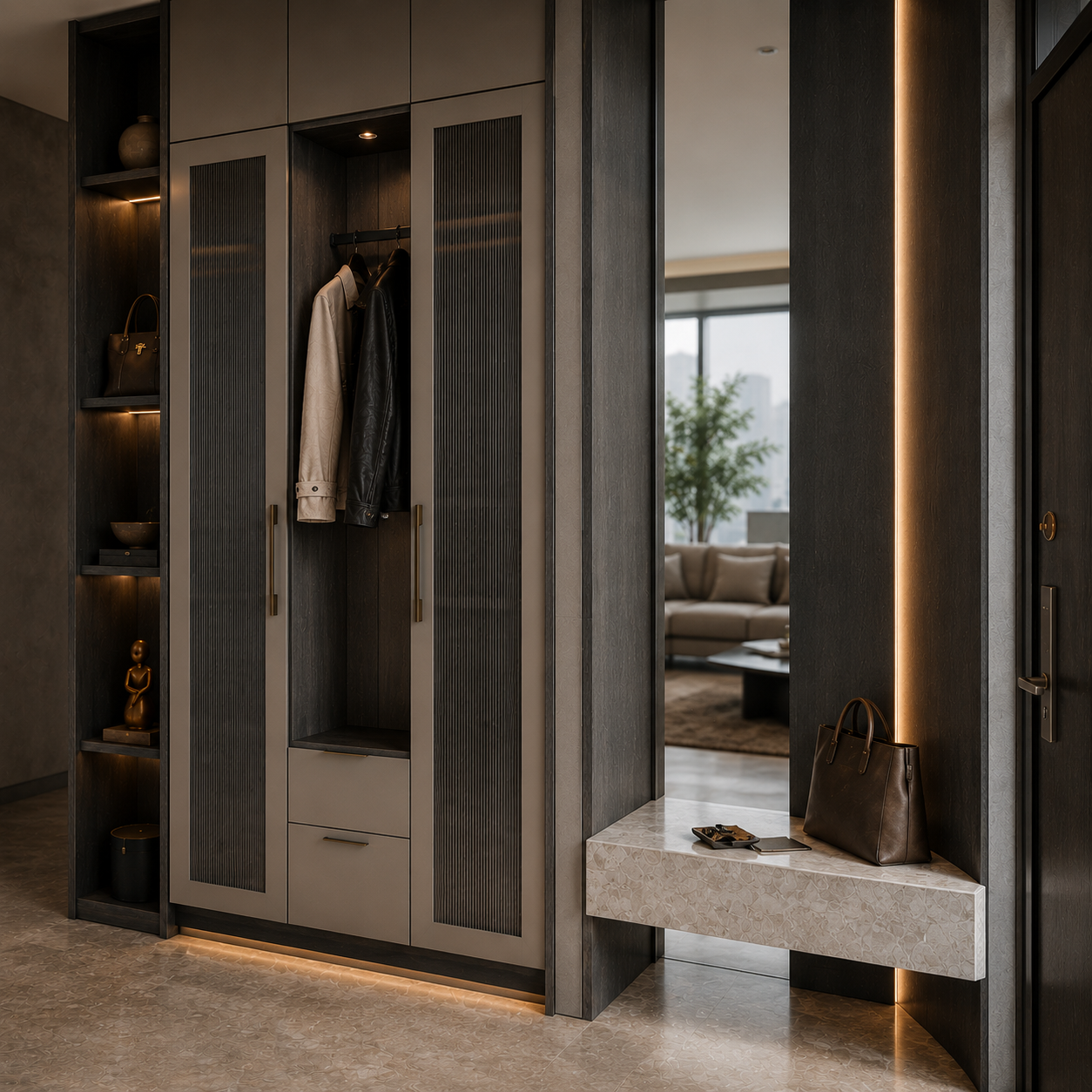 Tủ lối vào phong cách Phòng trưng bày Đô thị với cửa kính gân