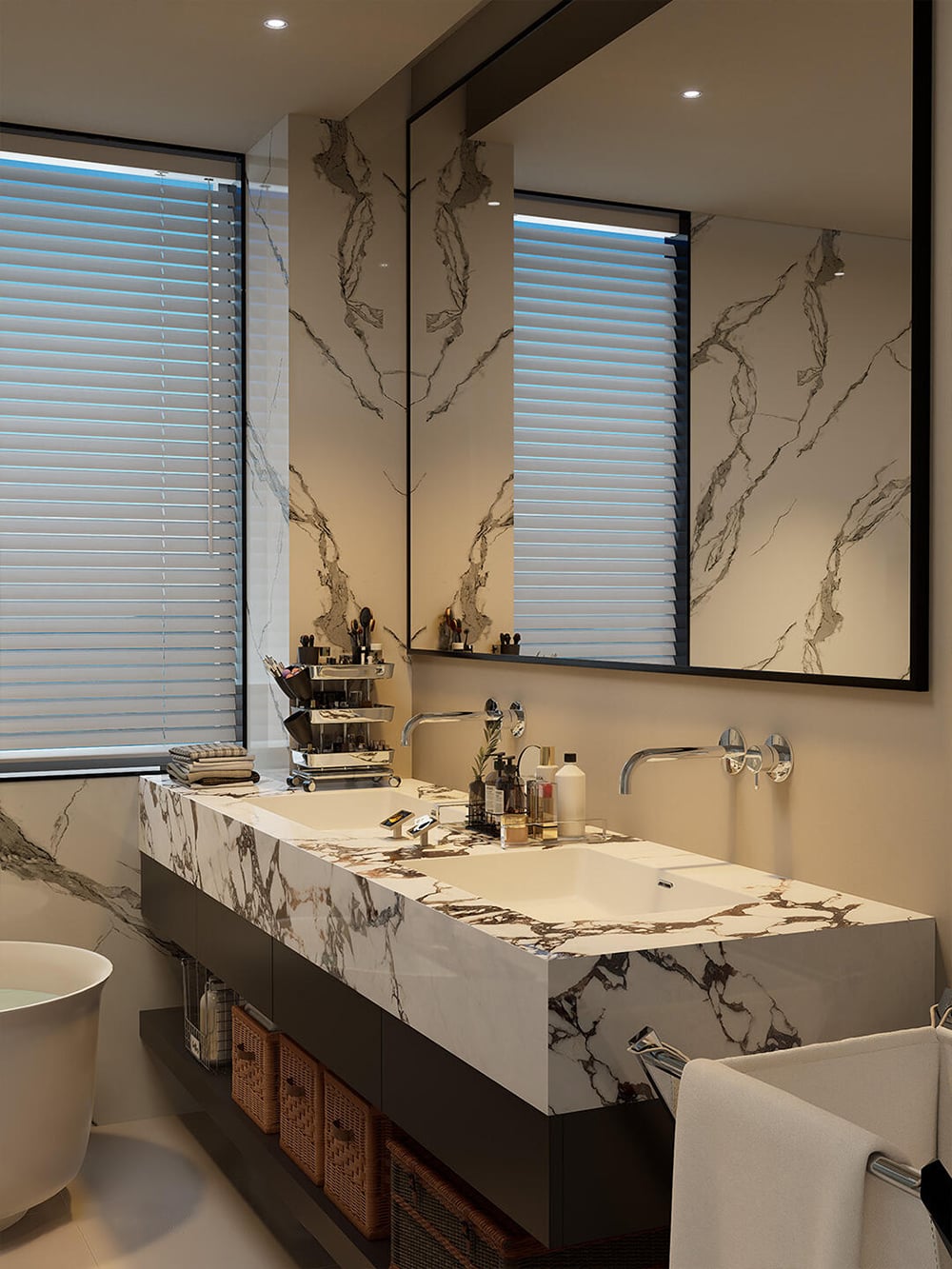 Mobile Lavabo di Lusso con Piano a Motivo Marmorizzato, Armadi Scuri e Cassetti Spaziosi per uno Spazio Bagno di Alta Gamma