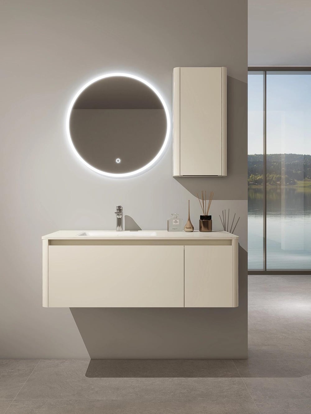 Mobiletto da Bagno Moderno Bianco con Specchio Circolare Illuminato a LED, Armadietto Lucido e Cassetto Organizzato per un Bagno Elegante