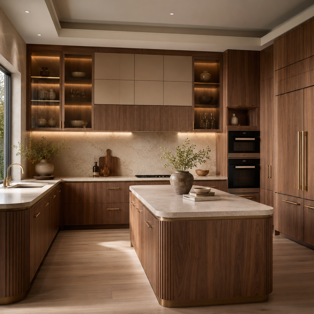 Luxury Walnut Kitchen Cabinets with Fluted Island and Champagne Metal Accents