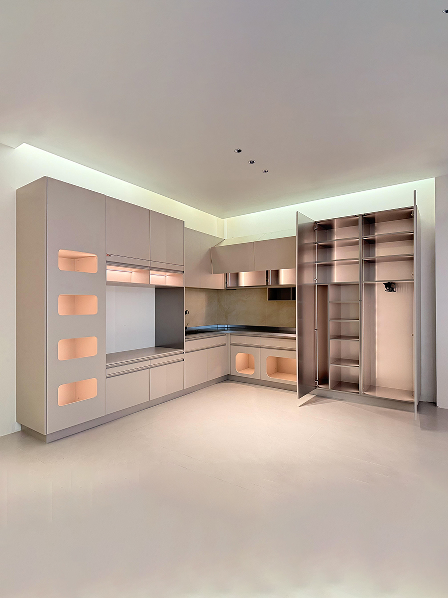 Luxury Beige Kitchen Cabinet Set with Integrated Lighting