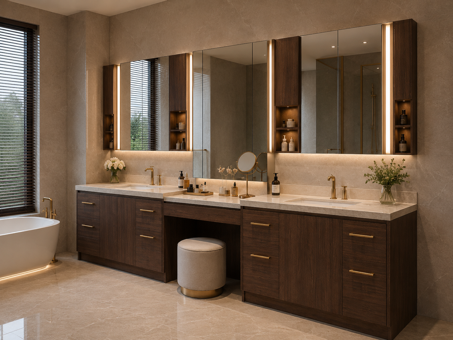 Mobile lavabo da bagno di lusso con doppio lavandino e scrivania centrale per il trucco, illuminazione a specchio, cassetti organizzati, piano in pietra e materiali per mobili resistenti all’umidità, adatto a ville, appartamenti e suite alberghiere.