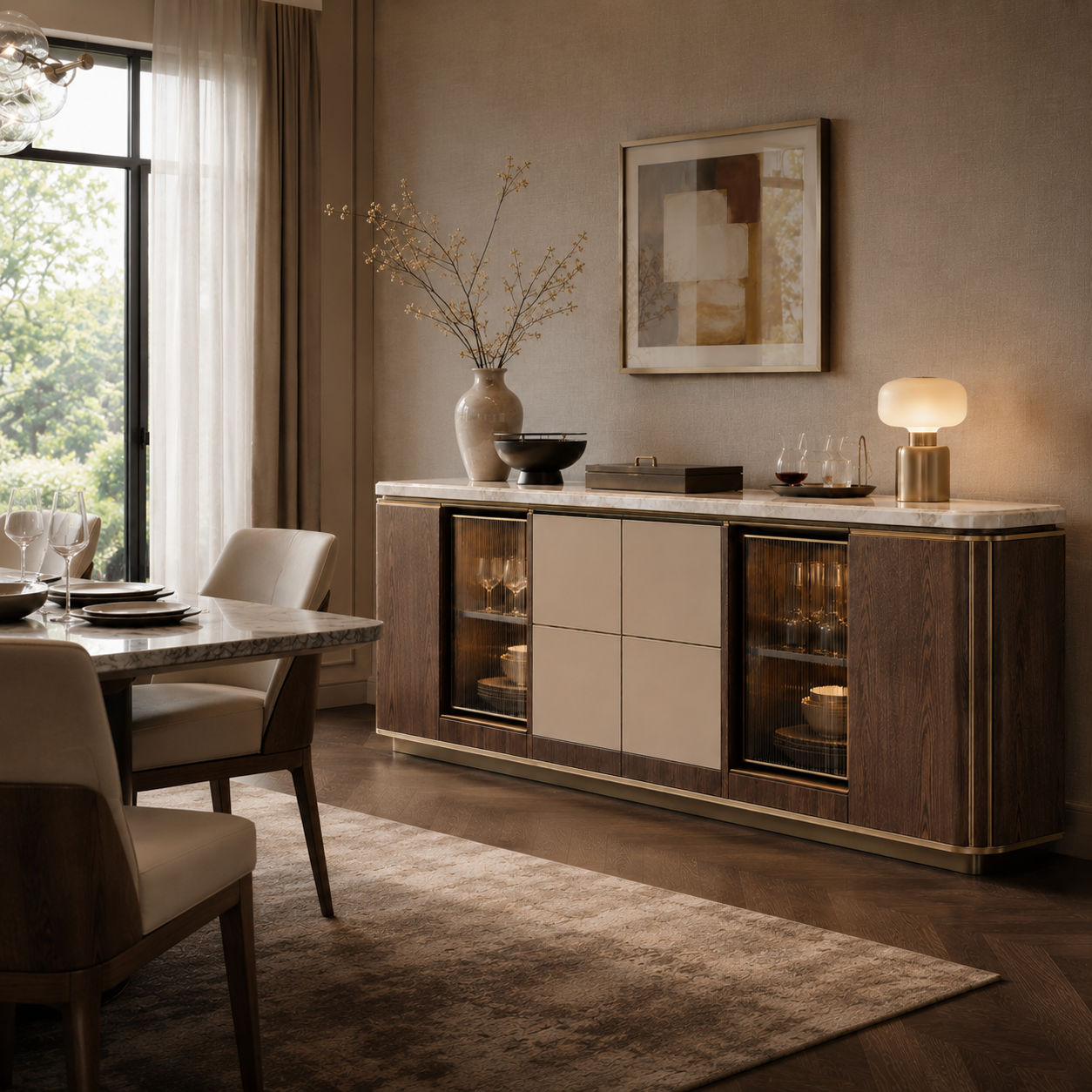 Luxury Walnut Sideboard Cabinet with Fluted Glass Display