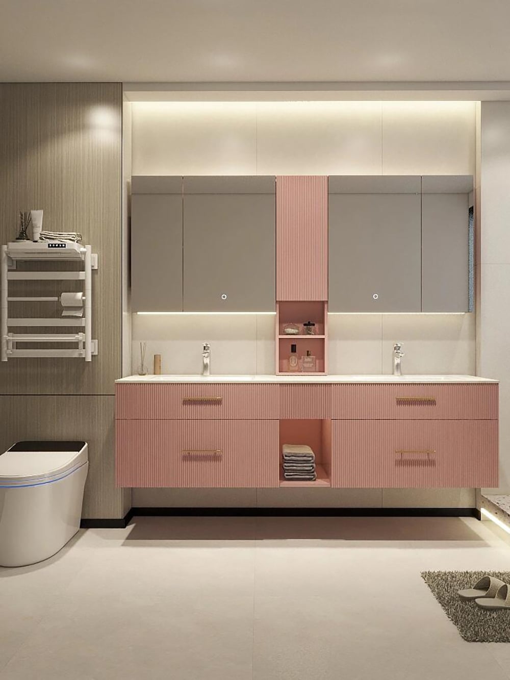 ชุดเฟอร์นิเจอร์ห้องน้ำสีชมพูแบบทันสมัย ผิวสัมผัสแบบพิมพ์ลวดลาย อ่างล้างหน้าสองช่อง และตู้กระจกเงาในตัว เพื่อพื้นที่ห้องน้ำที่ทันสมัย