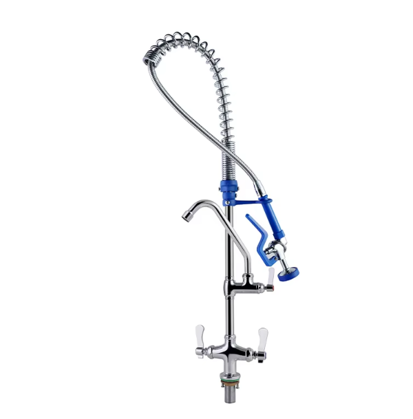Proper technique for rinsing dishes with a pre-rinse kitchen faucet.